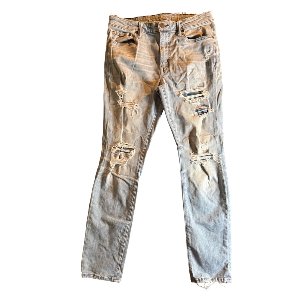 American Eagle Cozy Airflex+ Slim Jeans Mens 33x32 Light Wash Distressed Ripped